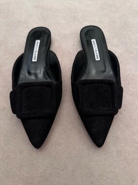 Manolo Blahnik Black Pointed Suede Mule Slides with Buckle Accent